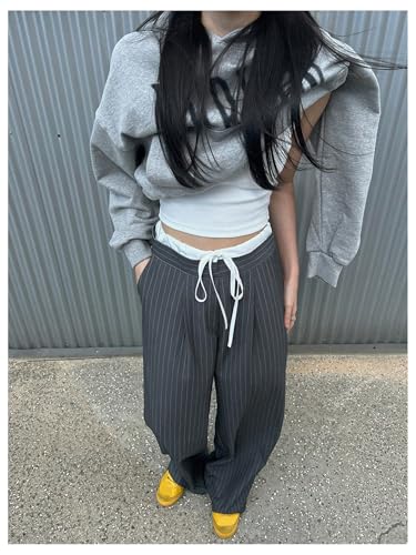 GORGLITTER Women's Baggy Wide Leg Pleated Dress Pants Striped Drawstring Waist Trousers,Size Runs Small, Please Size Two Up4