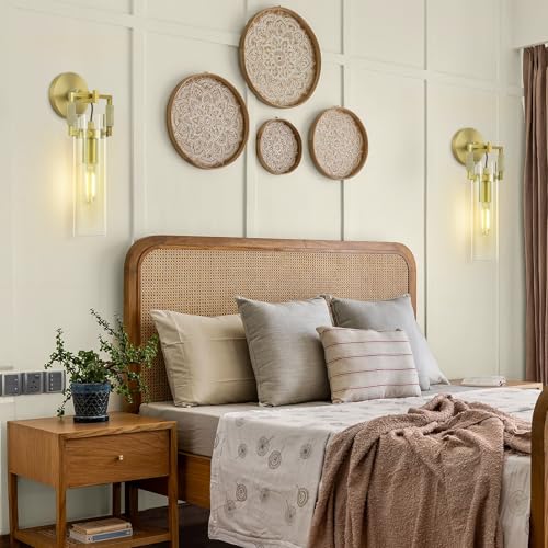 Image of Modern Gold Glass Wall Sconces,15'' Knurled Brass Sconce, Bathroom Wall Sconce, Gold Bathroom Vanity Lights, for Living Room, Bedrooms, Fireplace, Staircases, Include Bulb