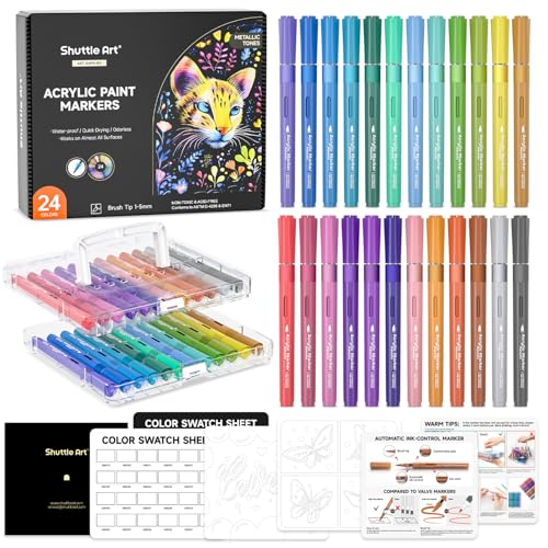 Image of Shuttle Art Automatic Ink Control Acrylic Paint Markers, 24 Metallic Colors Brush Tip Acrylic Paint Pens for Rock Painting, Ceramic, Wood, Canvas, Glass, Stone, Fabric, Card, DIY Football Crafts