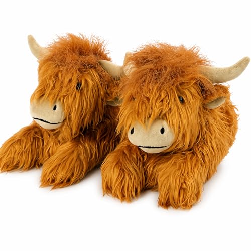 Highland Cow Slippers for Women Fluffy Scottish Highland Cattle Hyland Soft Warm Animal House Plush Slippers for Cow Lover Christmas Birthday Gift - Fuzzy Cartoon Design (Brown 8.5-12.5 Women/7.5-11.5 Men Adult Women 8.5 Numeric Range US Footwear Size System 12.5 Medium)