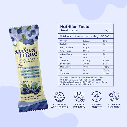 Image of Electrolyte Blueberry Flavor | 20 Sachets | No Sugar | Daily Hydration Support with Electrolytes | Workout Recovery & Travel Ready