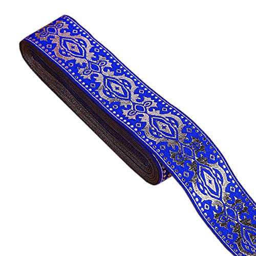 MSCFTFB Ethnic Jacquard Ribbon Woven Fabric Ribbons Fabric Trim Fringe for Apparel Accessories Embellishment Straps Belts Collars DIY Fabric Craft Width 1.3in by 7.6yards (Royal Blue+Metallic Silver)