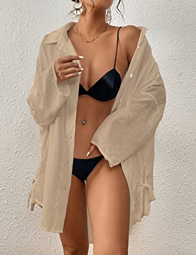 Image of Bsubseach Linen Bathing Suit Cover Up Shirt Women Button Down Beach Cover Ups Split Tie Swimsuit Coverup Blouse Apricot XL