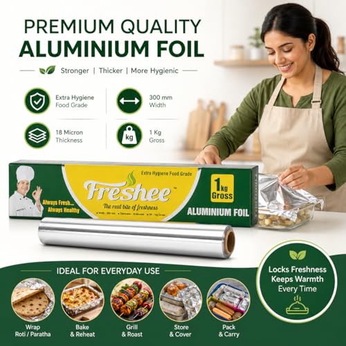 Image of Freshee Aluminium Foil Paper for Food Wrap 1 Kg Gross | 18 Micron Roll for Roti Paratha Sandwich Wrapping Cooking Baking Grilling | Hygienic Foil for Kitchen Office Use | Keep Food Fresh & Warm Pack 3