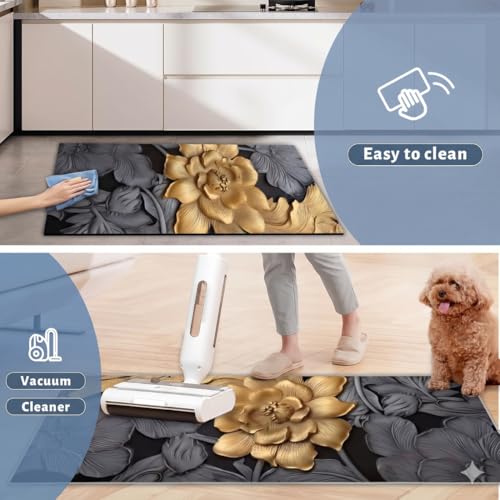 Image of Kitchen Anti Slip Mat for Floor, Waterproof Washable Kitchen Mats, Non Slip Kitchen Floor Mats for Home, Soft Mats for Kitchen, Kitchen Mats for Floor Anti Slip (3D Golden Flower)