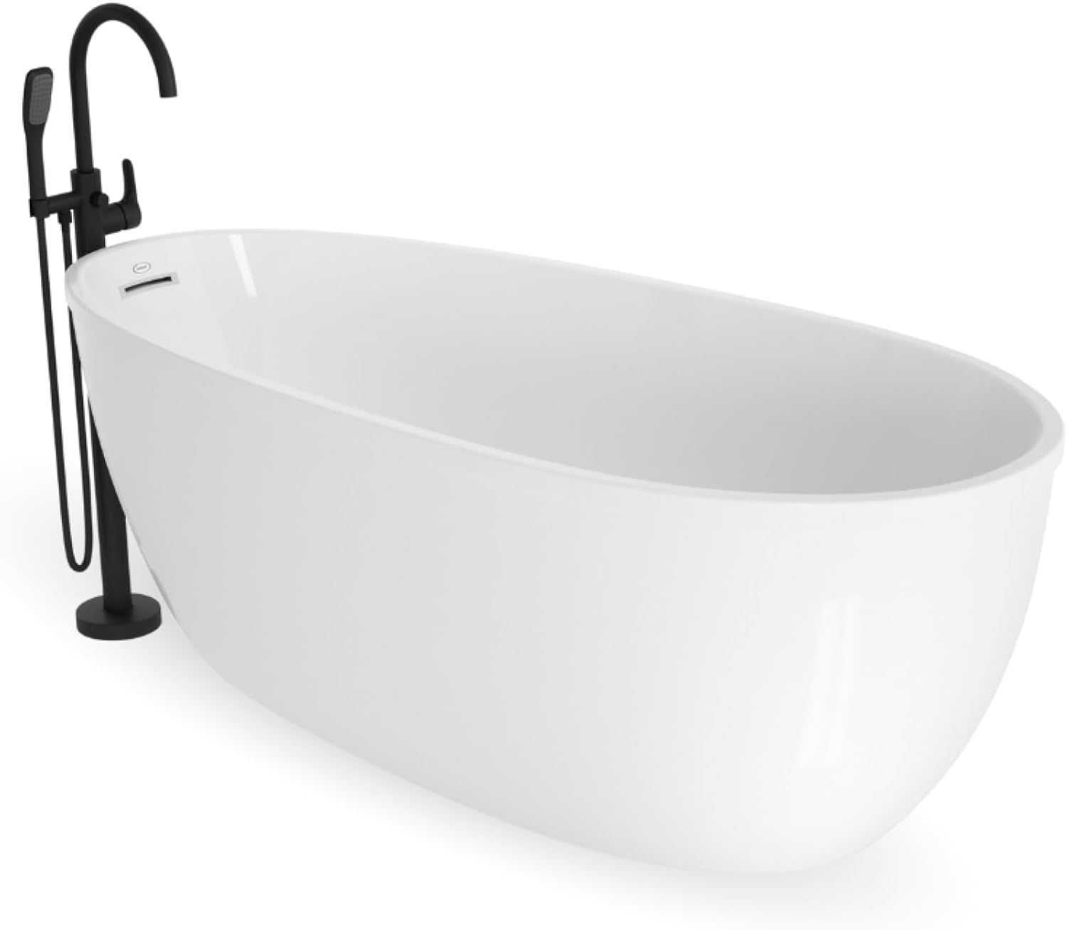 Jacuzzi SIGNATURE Oval Freestanding Acrylic Soaking Bathtub, 59.2" (L) x 29.7" (W) x 23.6" (H), Matte Black Tub Filler & Hand Shower, Universal Drain, Contemporary Style for Homes & Businesses, White