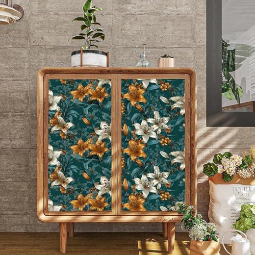 Image of Spring Summer Lily Wall Decals, Vintage Oil Painting Floral Peel and Stick Wallpaper for Home Refresh, Dark Green Botanical Mural for Spring Cleaning Decor, Mother's Day, 39.37x15.75 Inch