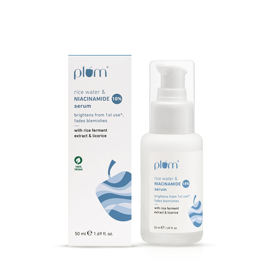 Plum 10% Niacinamide Serum with Rice Water 50ml | Provides Clear, Glowing & Brightening Skin | for Acne Prone, Combination, Oily & Sensitive Skin | Oil Control & Anti Acne Face Serum for Women & Men