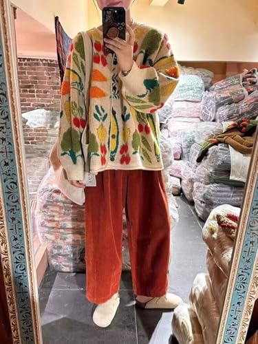 Women Flower Fruit Embroidery Sweater Button Down Oversized Cardigan Knitted Long Sleeve Winter Top Knitwear3