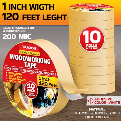 Image of Trazon Double Sided Woodworking Tape Super Strong, 10 Pack, 1 Inch x 120 Feet, Wood Crafter Sticky Tool, Two Side Adhesive for Router Templates and CNC Machine, Removable & Residue Free