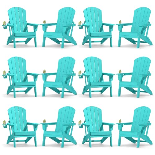 Image of Plawdlik Folding Adirondack Chair 12-piece Set, Cup Holder, Aruba Blue | pin-free folding, 38-in tall back, Wood-grain All-weather HDPE; for fire pit, poolside, deck, backyard, patio