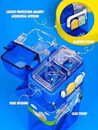 Image of Dino Kids Cartoon Water Bottle with Adjustable Strap, Leak-Proof Double Drinking Straw Cup, Portable Tumbler for School & Outdoor Fun - Pack of 1, Color May Vary