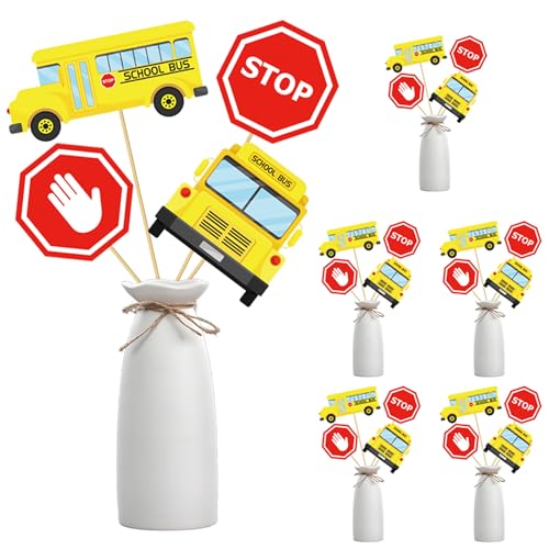 CHNBF 24Pcs School Bus Party Decorations Set - 4 Styles Centerpieces with Sticks & Stickers for Birthday, Back to School, Classroom Table Decor
