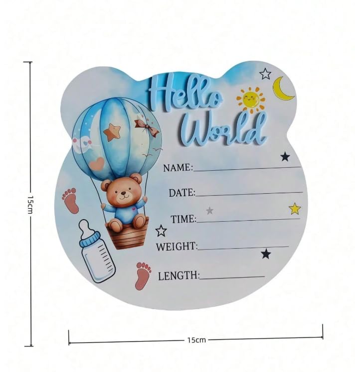 Hello World Birth Announcement Wooden Baby Photo Prop Disc, Bear Hot Air Balloon Theme, 15cm, for Boys and Girls image 3