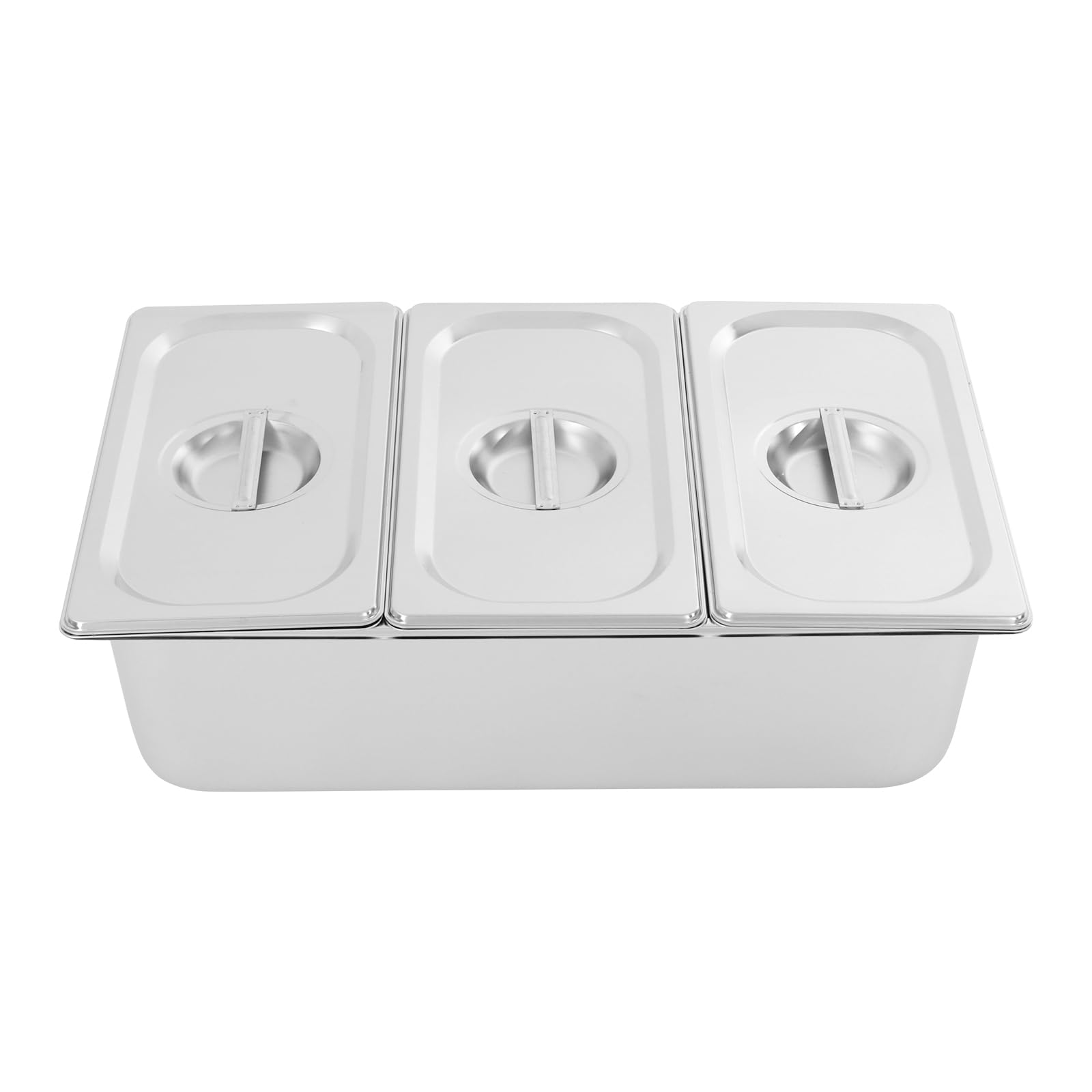 Countertop Food Serving Display Container, 3 Pan Stainless Steel Food Serving Tray with Acrylic Replaceable Lids and Water-filtering Gaskets, Buffet Condiment Dispenser Display Rack