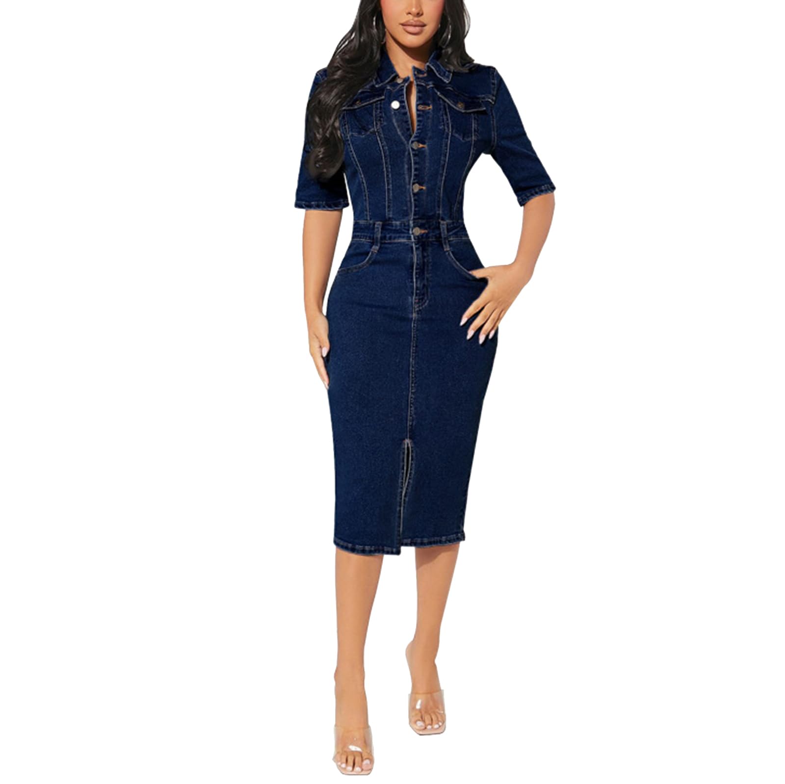 Robe en Jean Moulante Sexy pour Femmes Manches Courtes Boutonnée Ajustée Fendue Mi-Longue