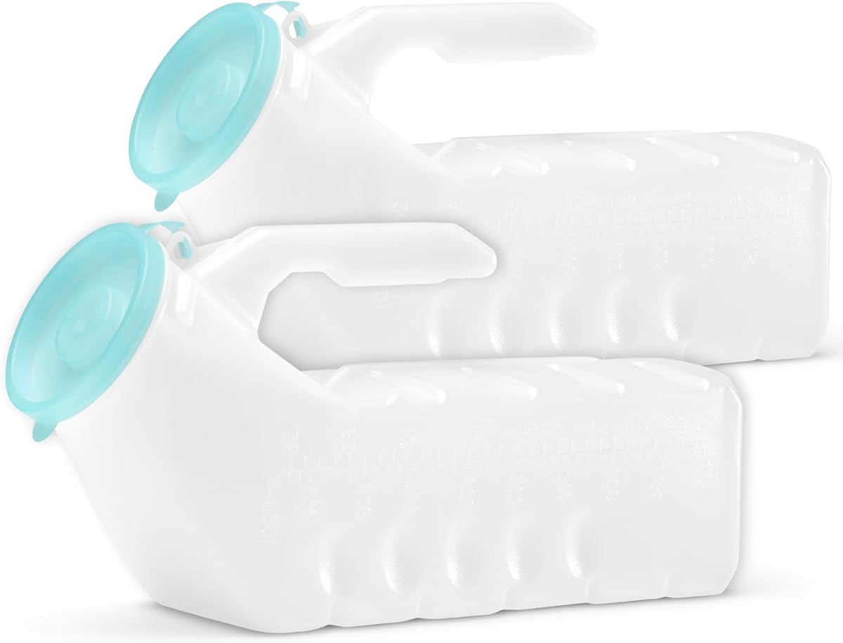 Urinarios para hombres, botella de orina, orinal masculino, orinal portátil para hombres, botellas de orina para hombres, a prueba de salpicaduras, para personas mayores, noche, coche e incontinencia, tapa que brilla en la oscuridad, 33.8 fl oz, 32 oz (paquete de 2)