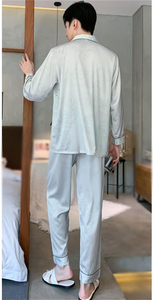 Spring and Fall Pajamas Men's Long Sleeve Print Thin Silk Cardigan Home Clothing