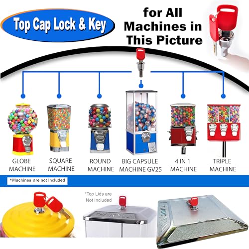 Image of Gumball Machine Lock and Key for Capsule Machines GV25 & GV18 - Top Lid Lock & Key Set for Deer Candy, Prize & Gumball Vending Machine - Flat Key Lock Replacement 1 /4 Thread (2pc - Key # 1)