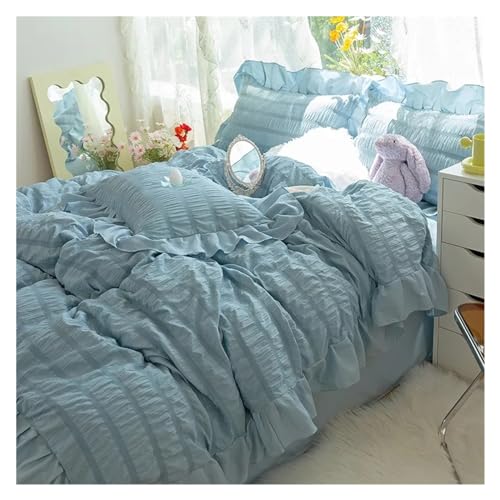 Edredón de Tela Seersucker Ultra Suave con Volantes, Color Blanco, para Cama Doble, Queen y King, 4 Piezas, Funda de edredón, sábana Plana, 2 Fundas de Almohada, Ropa de Cama