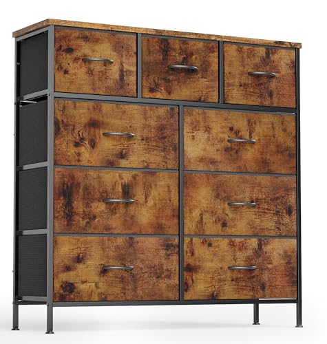 Xbro Cajonera de Tela, Cómoda de Tela,Cómoda con 9 Cajones, Cajonera Escritorio para Armarios, Mueble Cajonera para Dormitorio, Salón, Recibidor (Marrón Rústico)
