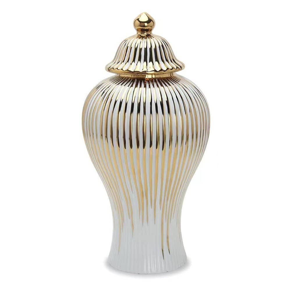 Ceramiczny słoik imbirowy z pokrywką - retro porcelanowy słoik na świątynię do dekoracji biura domowego, biały i złoty wzór w paski