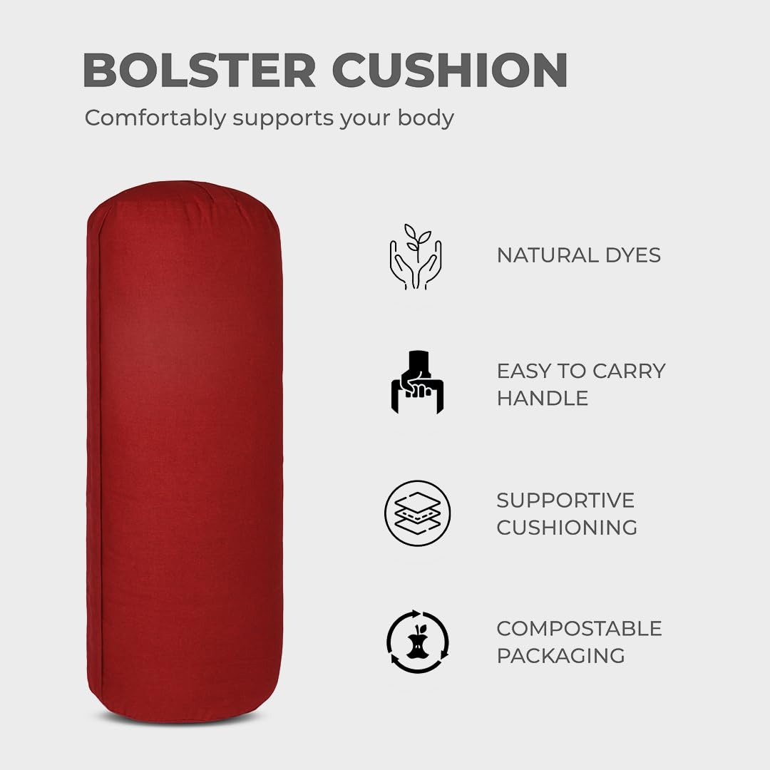 MeFree Cotton Yoga Bolster – 100% Organic Cotton Cover, 73"x24" – Ideal for Restorative Yoga & Meditation, Removable Washable Cover with Carry Handle (Maroon) 1