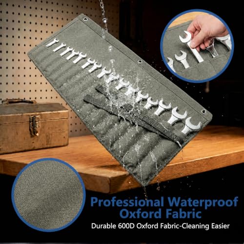Image of Wrench Roll Up Pouch,16-Pocket Heavy Duty Roll Up Tool Bag,Sturdy Waterproof Oxford Fabric with 3 Rings for Wrenches,Screwdrivers,Hand Tools Storage,Portable Wrench Organizer for Mechanics(Olive Gray)