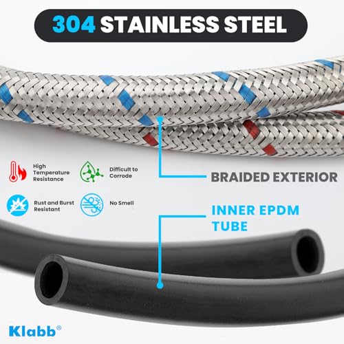 Image of Klabb 32-Inch Stainless Steel Braided Faucet Supply Line, 3 /8 inch Compression x M10 Faucet Connector, Includes 1 /2 inch FIP Adapters, SS304 Flexible Water Hose for Bathroom & Kitchen Sink Faucets