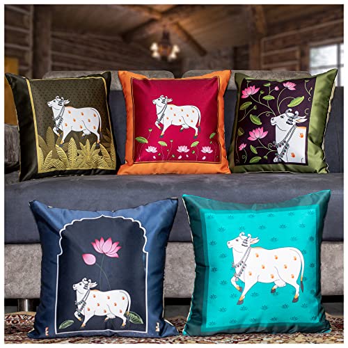 Image of Decorative Satin Sofa Cushion Covers Set of 5, 18 Inch x 18 inch, Sofa Pillow Cover, Ethnic Festive Cow Pichwai, Multicolor, Rajasthani Design, Zipper Closure (Cattle, 18x18 Inches)