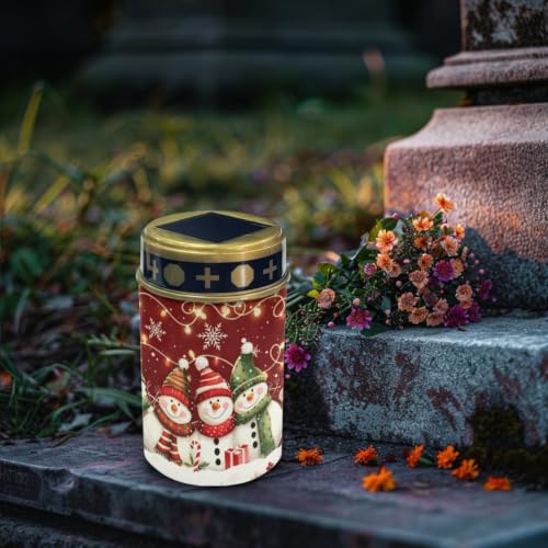 Image of Christmas Solar Memorial Lights for Graves 2 Pcs | Water resistant outdoor flameless candle lamp, snowman family solar cemetery decorations for grave