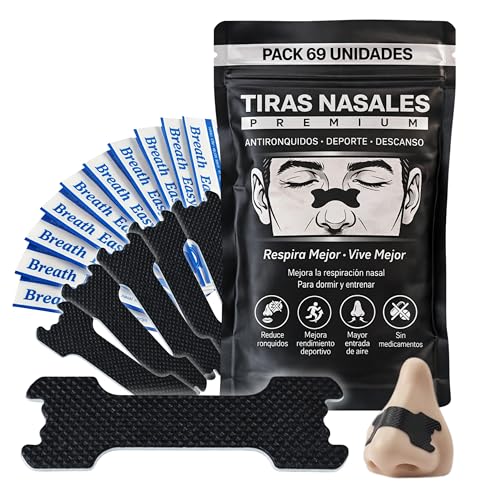 Tiras Nasales Premium Negras (69 uds) Antirronquidos y Deporte – Mejora la Respiración Nasal, Adhesivo Fuerte, Cómodas y Sin Medicamentos – Uso Día y Noche