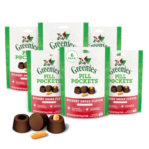 Image of Greenies Pill Pockets for Dogs Large Size, Dog Treat Pouch for Capsule Medication, Hickory Smoke Flavor, (6) 7.9 oz. Pouches
