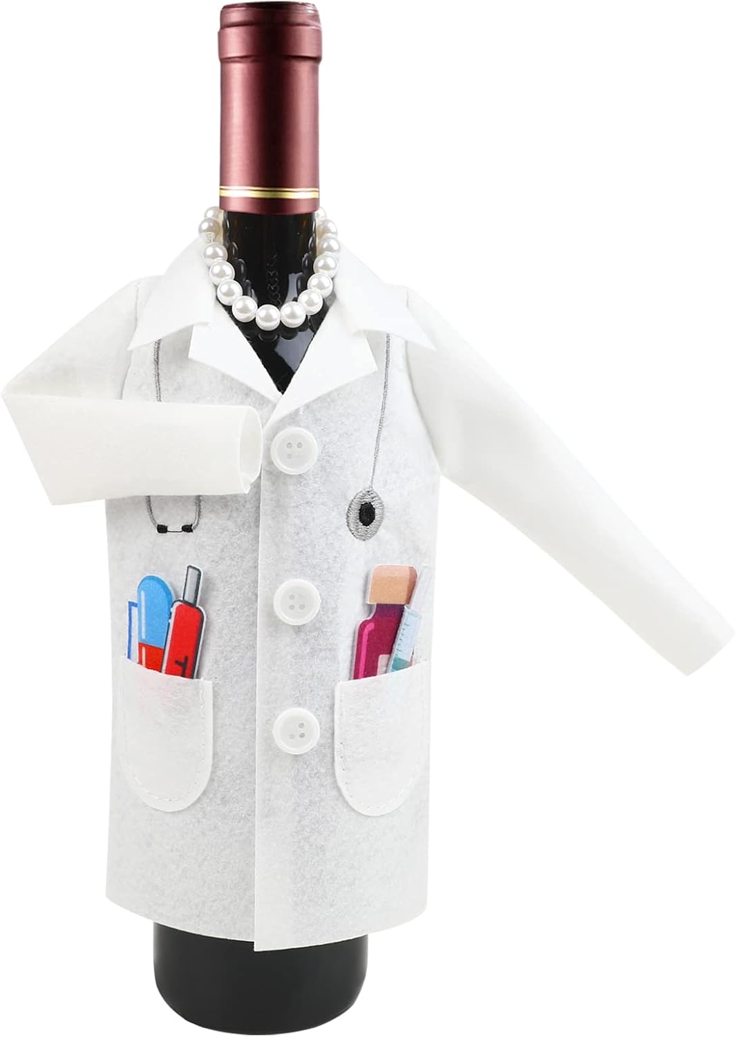 LOMIMOS White Wine Women Doctor Coat, Felt Ceremony Wine Wrapping Cover with Syringe Capsules Necklace for Graduation Retirement Medical Practitioner