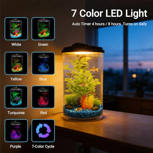 Image of Koller Products 3-Gallon 360 Aquarium with LED Lighting (7 Color Selections) and Power Filter, Impact-Resistant Plastic, Ideal for a Variety of Tropical Fish