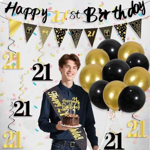 Image of 21st Birthday Decorations for Men, Black Gold 21st Party Decoration Kits