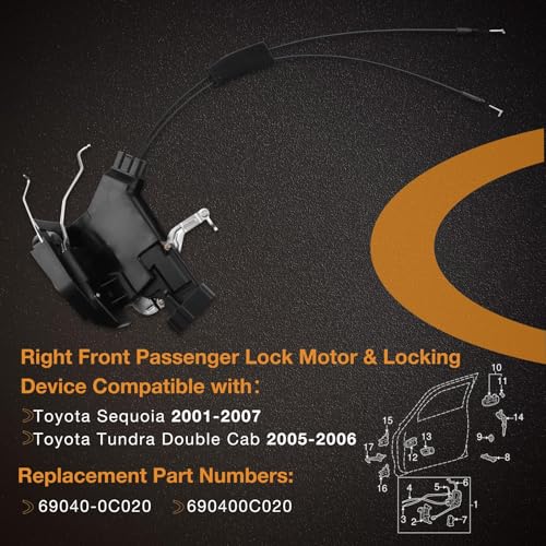 Image of Door Lock Front Right Latch Actuator Compatible with Toyota Sequoia 2001-2007, Toyota Tundra Double Cab 2005-2006 Passenger Finished Lock Block+Locking Device Replaces #69030-0C020