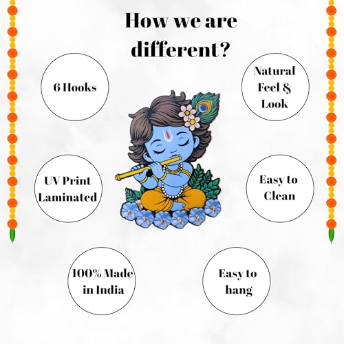 Image of Cute Krishna Wall-Mounted Key Holder, Decorative MDF Wood, 20x25 cm, 7 Hooks, Blue UV Printed Design, Decorative Wooden Key Stand - Home & Office