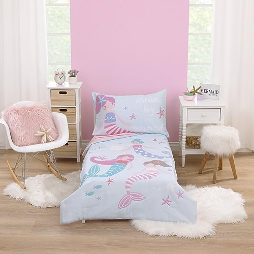 Image of Everything Kids Mermaid Pink and Blue Dream Big Little Mermaid 4 Piece Toddler Bed Set - Comforter, Fitted Bottom Sheet, Flat Top Sheet, and Reversible Pillowcase