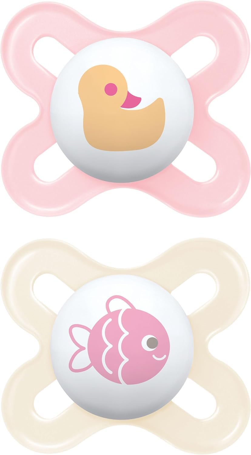 MAM Original Start Soother 0-2 Months (Set of 2), Baby Soother Made from Sustainable Material, SkinSoft Silicone Teat, with MAM Soother Case, Pink (Designs May Vary)