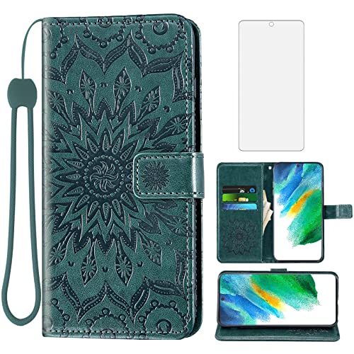 Asuwish Phone Case for Samsung Galaxy S21 FE Gaxaly S 21 FE 5G Wallet with Tempered Glass Screen Protector Leather Flip Cover Card Holder Stand Cell Glaxay S21FE5G UW S21FE 21S G5 Women Men Dark Green