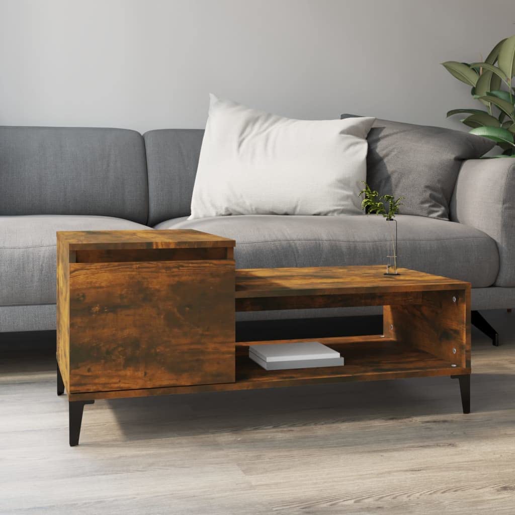 Mesa de centro de roble ahumado, 100 x 50 x 45 cm, de madera y metal, diseño moderno con espacio de almacenamiento y estante, pequeña mesa auxiliar para salón, sofá, mesa lateral