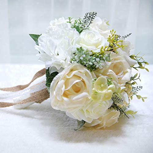 Fiwisora 9.8" Bridal Holding Wedding Bouquet Real-Looking Mixed Flowers Ivory Greenery Bridal Wedding Throw Bouquet For Wedding Brides Bridesmaid Wedding Hold Flower, Ivory Bouquet #TOP3