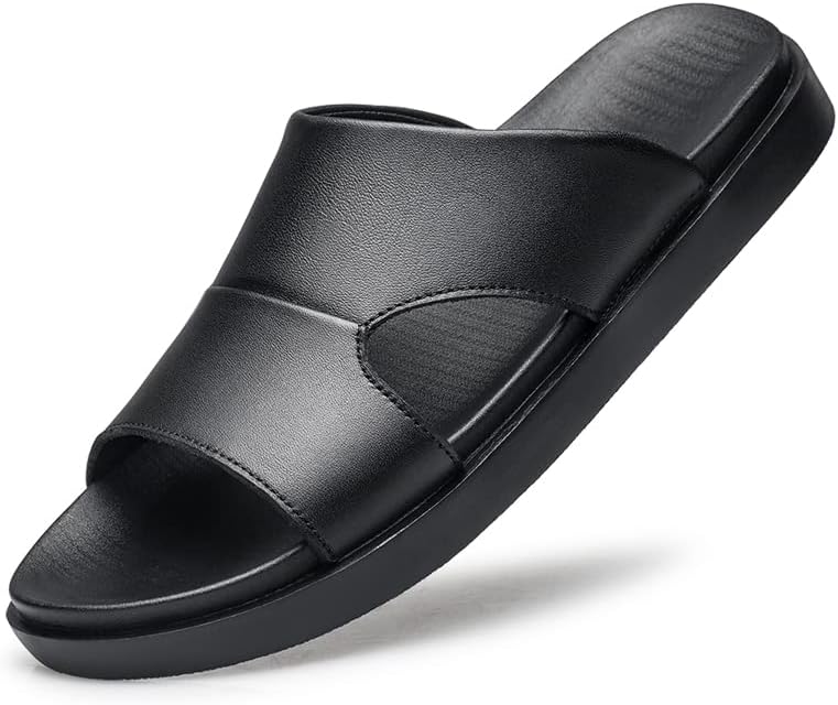 Comfort Men's Black Leather Slide Sandals, Anti-Skid Casual Summer Slippers, Retro Style Wear Resistant Slip-On