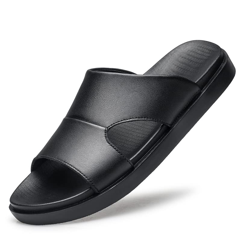 Men Black Leather Slide Sandals Slip On Casual Slippers Summer Shoes Anti-skid Wear Resistant Retro Style