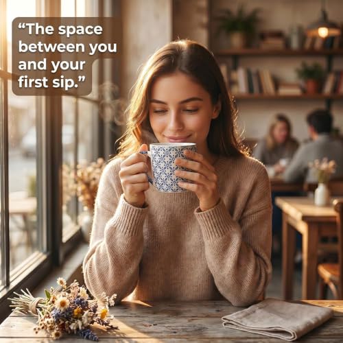 Image of U.P.C. Ceramic Coffee Tea Mugs Set of 6, White & Blue Geometric Print, Coffee Cups for Home & Office, Microwave & Dishwasher Safe Mugs, Stylish Drinking Cups for Tea, Coffee & Hot Beverages