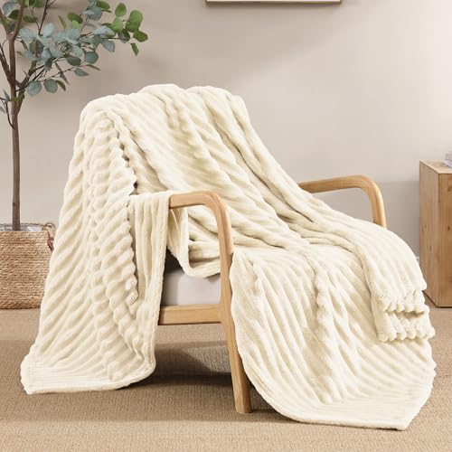 Image of Geniospin Ivory Fleece Throw Blanket, 280GSM Extra Soft Lightweight Blanket with Strip, Plush Fuzzy Cozy Blankets and Throws for Couch, Bed, Sofa Cozy, Warm and Breathable (60x80 inches)