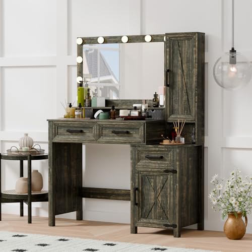 Image of Farmhouse Vanity Desk with 3 Adjustable Light Colors & Power Outlet, Makeup Vanity Table with Sliding Jewelry Cabinet, Built-in Lipstick Organizer, 3 Drawers & Shelves for the Bedroom, Brown