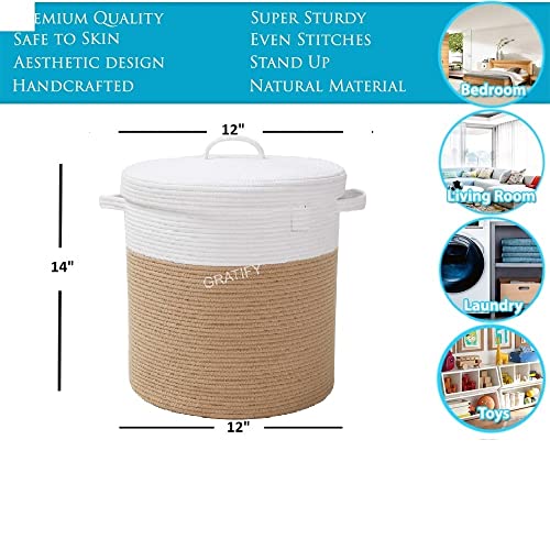 Image of Mansa Traders 12 inch x 12 inch x 14 inch Large Storage Basket with Lid, Cotton Rope Storage Baskets, Laundry Hamper, Blankets Pillows Storage in Living Room Baby Nursery, White&Beige Stiches with Cover