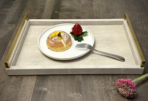 Wv WV-1001 17.8 * 11.8 " Ivory Shagreen Large Serving Tray, Faux Leather Home Decorative Tray, Coffee Table Ottoman Tray With Brushed Gold Stainless Steel Handle (Ivory thumb #5